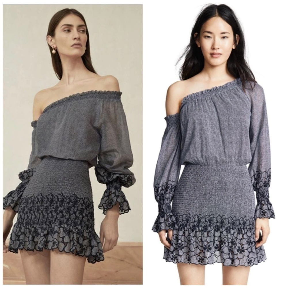 Alexis Royce Smocked Embroidered Ruffle Mini Dress Blue Cocktail Casual Party